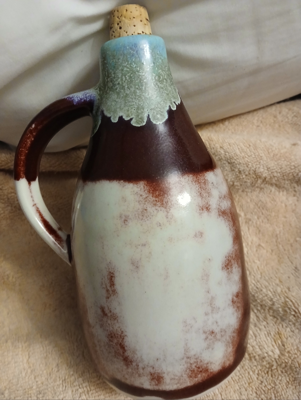 Vintage SMP Pottery handthrown small jug brown cream speckled glaze Blue Green